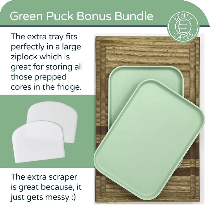 Benty Cakes – The Original Cake Puck Bonus Bundle Set – Better than a Cake Pop! Make Chocolate Covered Desserts – BPA Free Silicone – Includes 1 Mold Set, 2 Trays and 2 Scrapers – Green