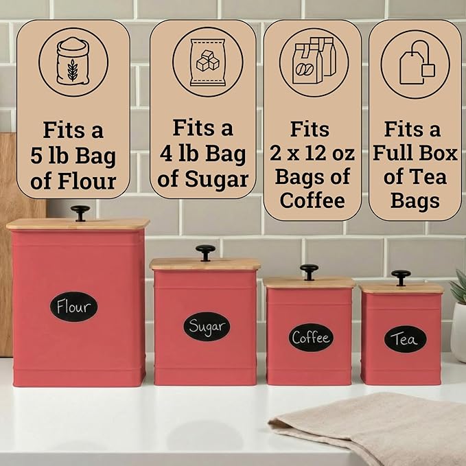 Kitchen Canisters for Countertop Set of 4 w/ Chalkboard Labels & Marker Pen | Airtight Easy Open Bamboo Lids, Dent-Resistant Thick Metal, Customizable Chalkboard Labels, Marker Pen Included, Set of 4