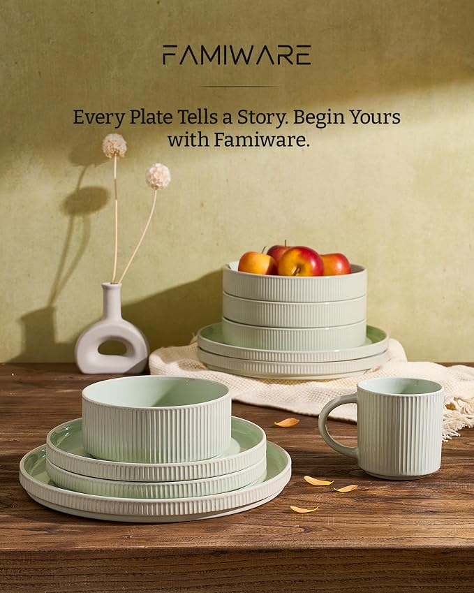 Famiware Star 16-Piece Stoneware Dinnerware Set for 4 – Shallow Pasta Bowls & Flat Plates – Modern Rustic Dishes, Everyday & Formal Use – Chip & Scratch Resistant, Microwave & Dishwasher Safe, Green