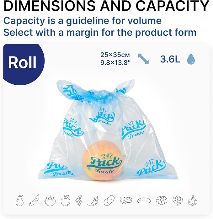 Freshpack 247 Produce Storage Bags Roll 10 x 14 Inches 1 Gallon Tear Off Reusable Food Storage Bags For Fruits Vegetables Meal Prep Lunch Pantry Use