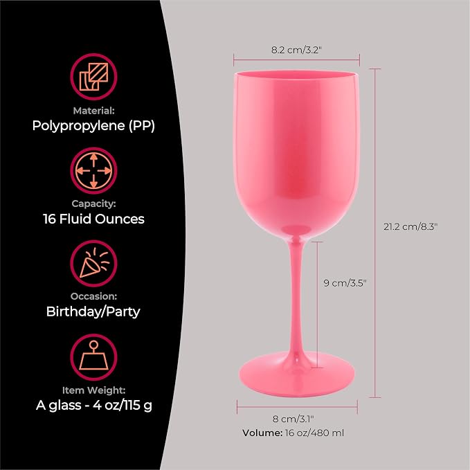 FOX & GRAPES Plastic Stemmed Wine Glasses | Unbreakable/Shatterproof, Reusable, Food Safe, Dishwasher Safe, For Birthday and Party, 16oz (Pink, Set of 6)