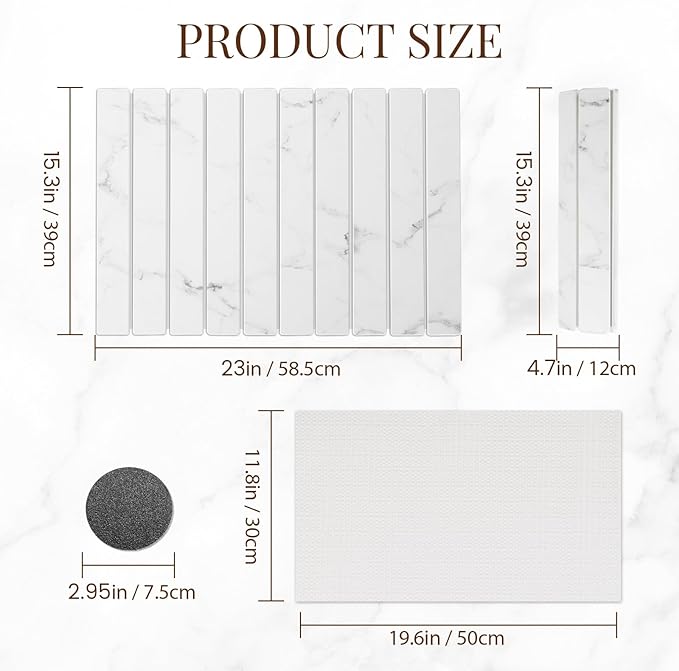 Large Stone Dish Drying Mats for Kitchen Counter 24"(L)×16"(W) Foldable Quick Dry Stone Dish Drying Mats Kitchen Absorbent Diatomaceous Earth Drying Stone Mat for Dishes Bottles Cups Marble White