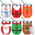 Ziliny 6 Pieces Christmas Wine Tumbler 12 oz Xmas Insulated Stainless Steel Wine Cups with Lid and Straw Funny Coffee Mugs with Brush for Holiday Wedding Party Gifts(Vintage Style)