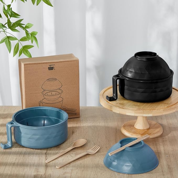 2 Sets Microwave Ramen Bowl 40 oz Wheat Fiber Portable Instant Noodle Cooker Bowl with Handles Strainer Spoon Chopstick Fork College Dorm Room Apartment Essentials(Black,Dark Blue)