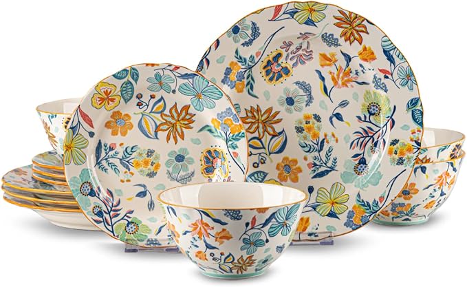 12-Piece Floral Pattern Ceramic Dinnerware Set (Service for 4) - High-Temp Fired, Microwave & Dishwasher Safe, Scratch-Resistant Kitchen Dining Plates Bowls Set