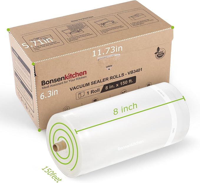 Bonsenkitchen 8” x 150’ Vacuum Sealer Bags Rolls with Cutter for Food Storage, Commercial Grade, BPA Free, Great for Meal Prep and Sous Vide Cooking
