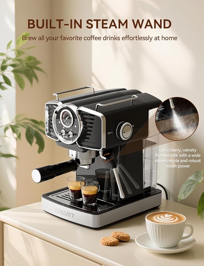 SUMSATY 20 Bar Espresso Machine Retro with Powerful Milk Frother, Black | Visual Pressure Gauge Espresso Coffee Machine 1350W Fast Heating Home Barista for Cappucino Latte Maker, 61oz Water Tank