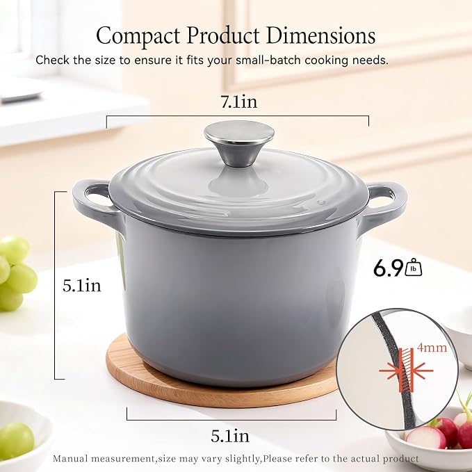 2.6 QT Small Enameled Cast Iron Dutch Oven with Lid, Gradient Grey - Mini Heavy Duty Braiser Pot for Bread Baking, Sauces & Side Dishes, Induction Compatible, Oven Safe 500°F for Singles