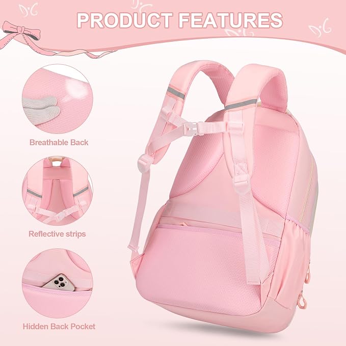 DIGOBAY Girls Backpack - Kids Bento Box Set with Insulated Lunch Bag, Cutlery and Pencil Case, 6 Leak-Proof Compartments, Removable Tray for Girls, Teens School Picnic (Pink)