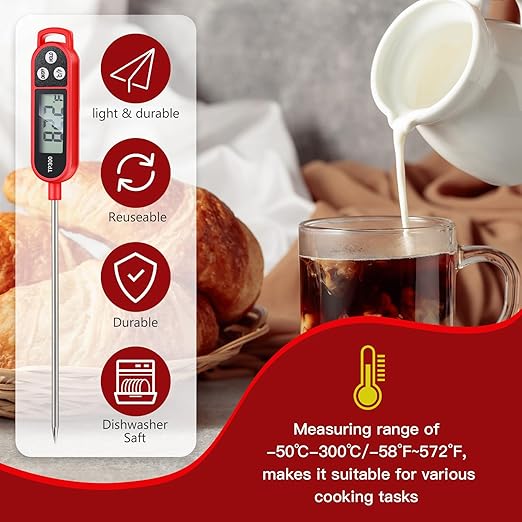 Copkim 12 Pcs Meat Food Thermometer Food with Probe Water Liquid Instant Read Digital Thermometer Kitchen Cooking Supplies for Cooking BBQ Milk Yogurt (Red)