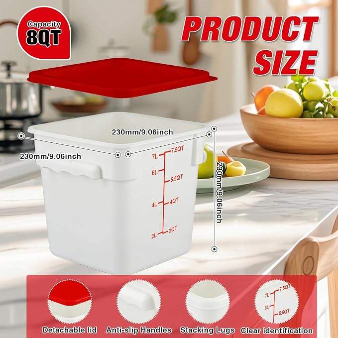Square Food Containers with Lids 4-Pack, Commercial Grade Plastic Bins for Restaurant Kitchen Pantry Storage, Freezer & Dishwasher Safe (Red, 8QT-4PACK)