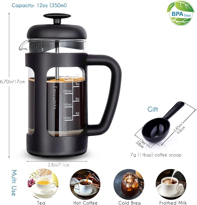 Easyworkz French Press 12 oz, Bundled Stainless Steel Double-Wall Espresso Cups 5 oz Set of 2, Vertical Stripe Design, Gunmetal