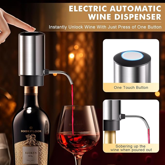 Rechargeable Electric Wine Opener 5-In-1 Set, Stainless Steel Automatic Wine Opener with Electric Wine Aerator, Foil Cutter, Wine Stopper & Base, Elegant Gift Box for Birthday, Housewarming, Christmas