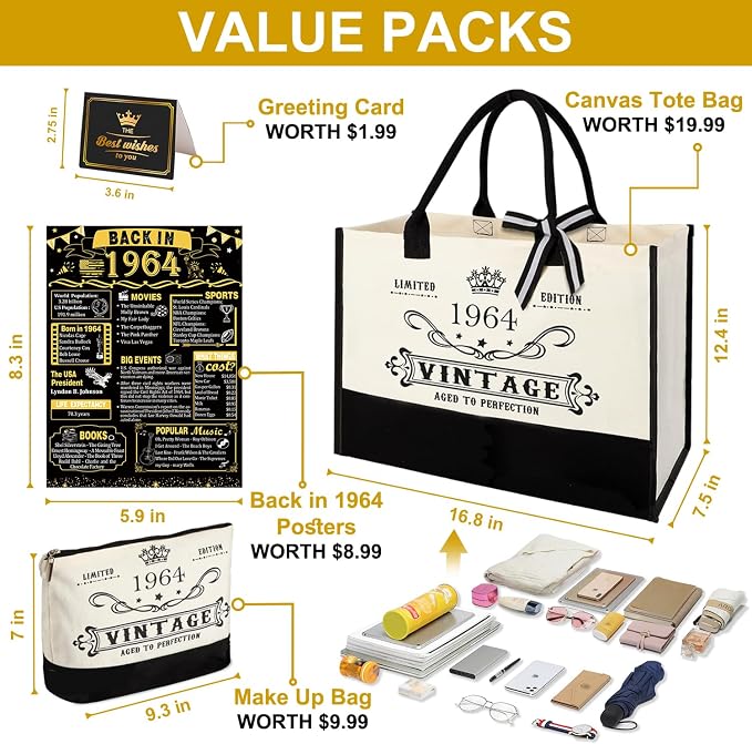 YeohJoy 62nd Birthday Gifts for Women Canvas Tote Bag Travel Gear, Unique 62 Years Old Birthday Gifts for Mom Aunt Friends Wife Sister Her, Vintage 1964 Handbag & Cosmetic Bag & Back in 1964 Poster