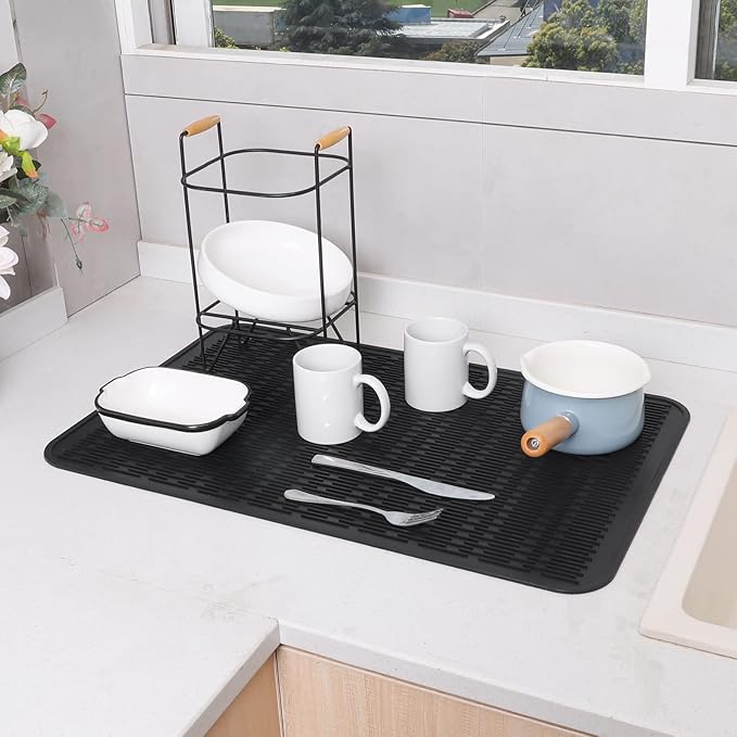 MicoYang Silicone Dish Drying Mat for Multiple Usage,Easy clean,Eco-friendly,Heat-resistant Silicone Mat for Kitchen Counter or Sink,Refrigerator or Drawer Liner Black 3XL 28 inches x 18 inches