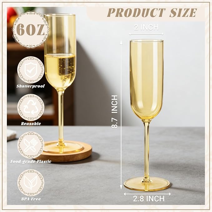 Plastic Champagne Flutes Set, 6oz Unbreakable Champagne Glasses Bulk, Shatterproof Reusable Mimosa Prosecco Sparkling Wine Cups for Wedding Party (Gold, 10pcs)