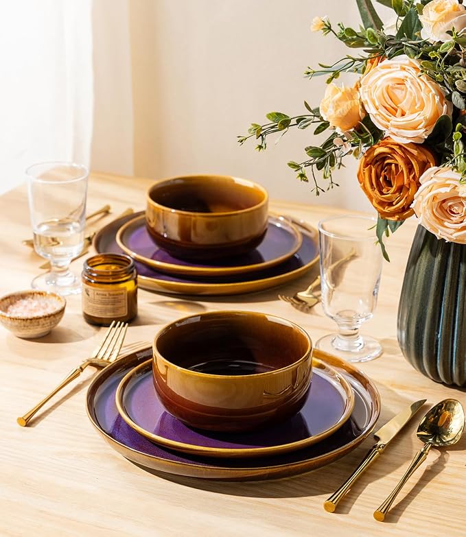 TheTerra Ceramic Dinnerware Sets for 6, 18 Pieces Handmade Reactive Glaze Plates and Bowls Set, Scratch Resistant Dish Set, Oven & Microwave & Dishwasher Safe, Amber Amethyst