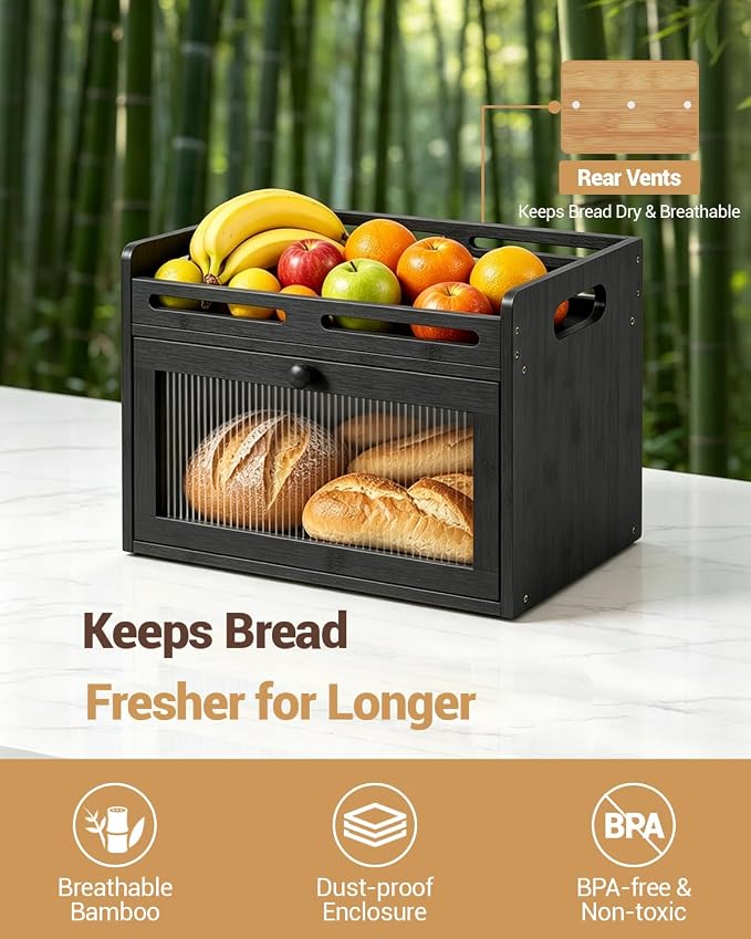 Bread Box for Kitchen Countertop, Bamboo Bread Storage Container with Raised-Rail Top Shelf and Acrylic Window, Farmhouse Breadbox Organizer for Pantry, Fruit, Spices, Black