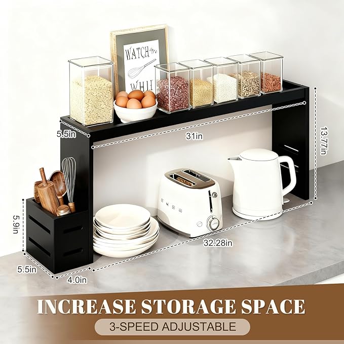 Over The Stove Shelf Wooden,Bamboo Spice Rack for Above the Kitchen Hob,31.5-inch Spice Storage Rack,Height-Adjustable, 50-pound Weight Capacity, Easy to Assemble (Black)