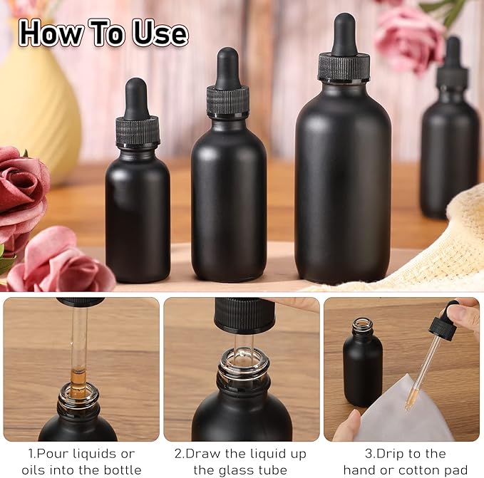 Epakh 50 Pack 4oz Glass Dropper Bottles, Refillable Glass Eye Dropper Bottles with Pipette for Essential Oils, Perfumes, Lab Use, Cuticle Oils, Tinctures, Travel, Home(Black)