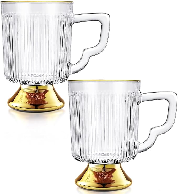 Joeyan Glass Coffee Mugs with Handle,Vintage Ribbed Clear Coffee Cups,Tea latte Cappuccino Espresso Milk Cups,Gold Rimmed Drinking Glasses,12 oz,Set of 2