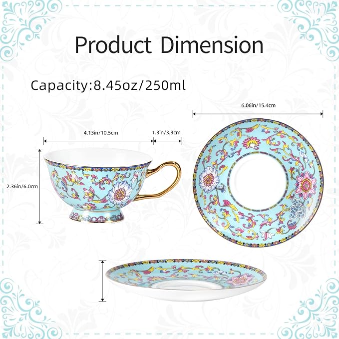 KAMMAK Tea Cups and Saucers Set of 2, Porcelain Coffee Cups, Stackable Espresso Mugs, Ceramic Demitasse for Coffee, Cappuccino, Latte, Americano, Tea, Full Bloom Blue