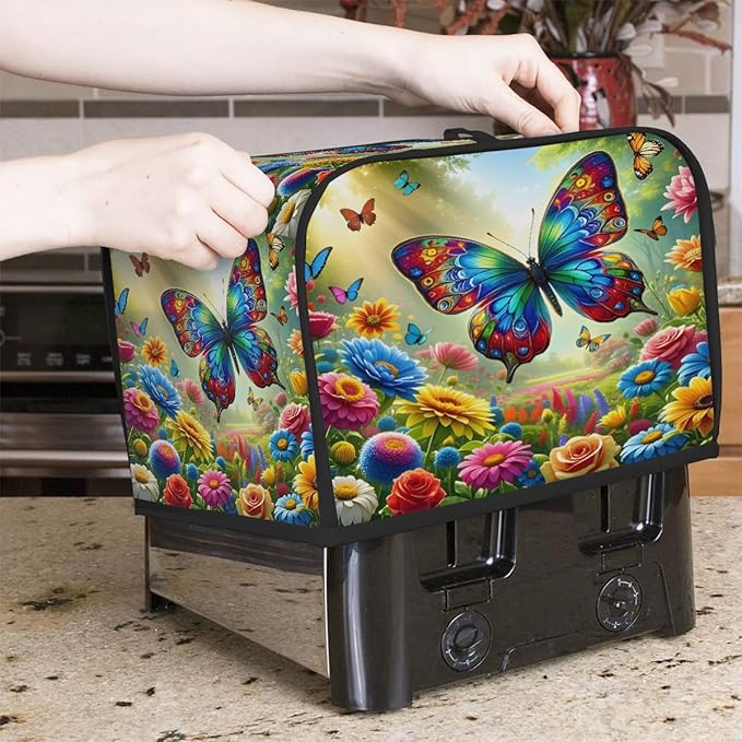 Colorful Flower Butterfly 2 Slice Toaster Cover Dust And Fingerprint Bread Maker Cover Bakeware Protector Washable Appliance Covers Kitchen Accessories For Home Kitchen Women Gift