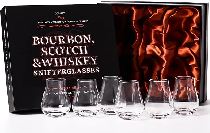comfit Whiskey, Scotch, Bourbon Tasting Glasses - Set of 6 - Professional 4.5 oz Stemless Tulip Shaped Tasting and Nosing Copitas - Small Crystal Snifters Glasses Gifts
