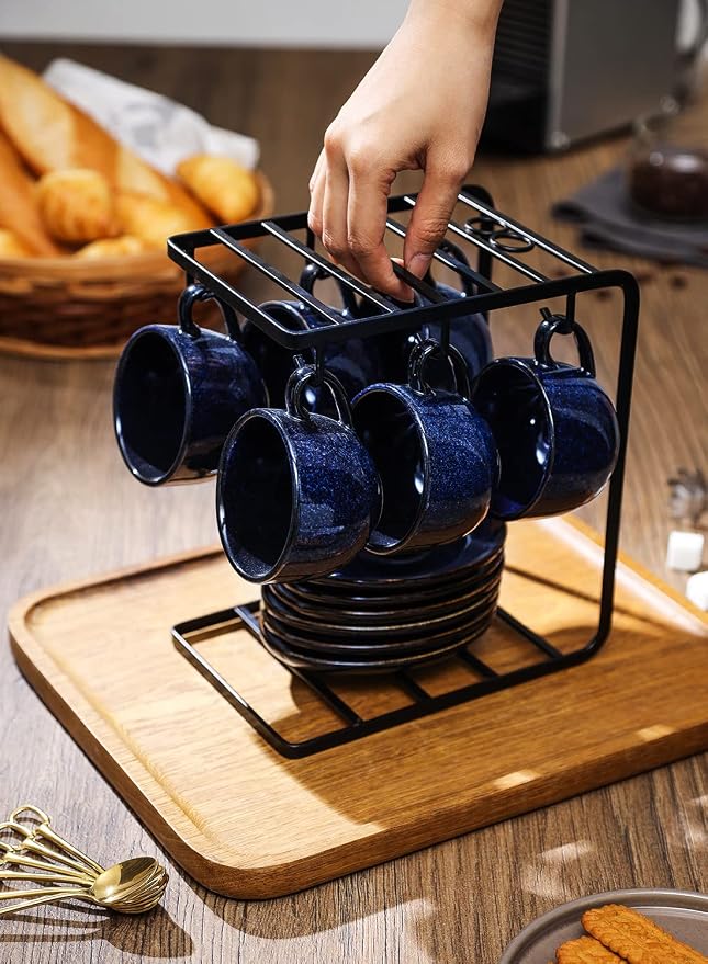 vicrays Ceramic Espresso Coffee Cups Set 4 oz Porcelain Espresso Cups with Saucers Spoons and Metal Stand for Tea Cafe Cappuccino Latte - Set of 6 - Blue