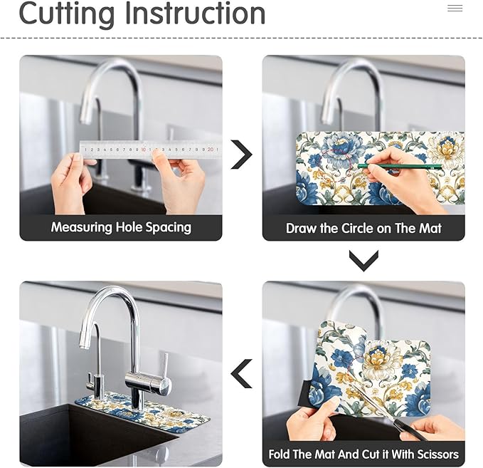Kitchen Sink Splash Guard 1 PC 30 Inch Sink Faucet Mat Splash Guard for Bathroom Countertop Water Absorbent Foldable Cuttable Soft Washable Royal Floral Blue and Yellow Tile