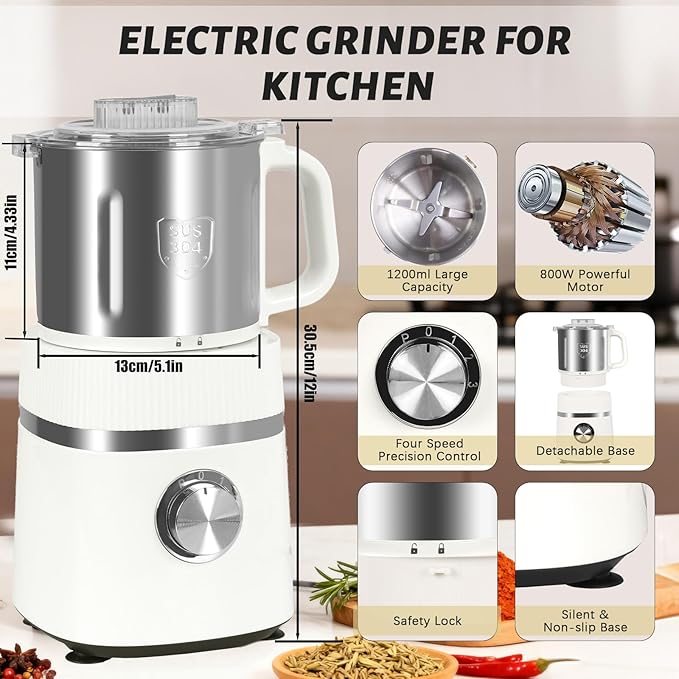 Electric Grinder for Kitchen | 800W Versatile Spice Grinder with 4 Speed Adjustment | Detachable Bowl, Suitable for Grinding Spices, Grains, Coffee