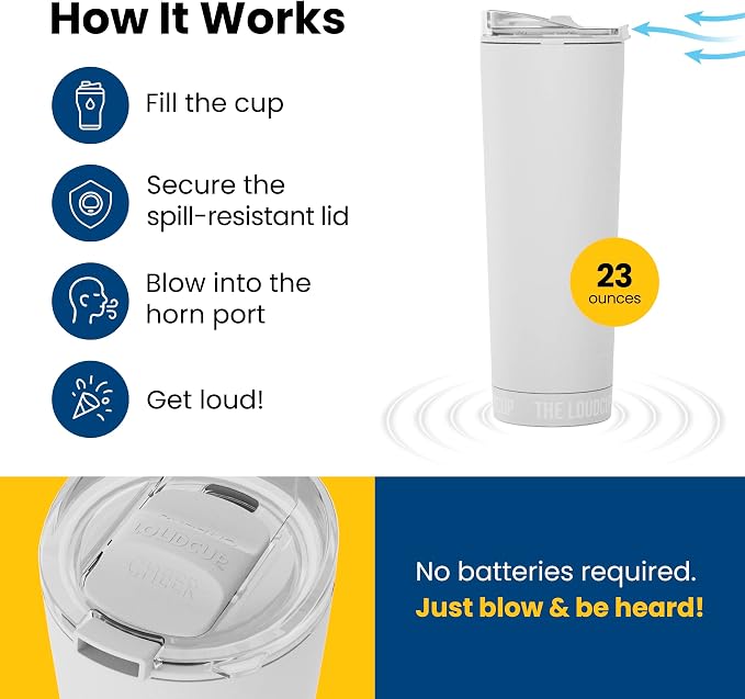 The LoudCup Blow Horn Tumbler, Cheer & Sip 2-in-1 Reusable Water Bottle with Built-In Horn for Sports Games, Tailgates, Parties & Events, BPA-Free, 23 oz, Ice White