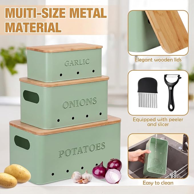 Honeydak 3 PCS Sage Green Potato Onion Garlic Storage Bins Set, Metal Vegetable Keeper Containers with Lids Aerating Holes for Kitchen Counter Pantry Keep Fresh Longer Farmhouse for Sweet-potato Fruit