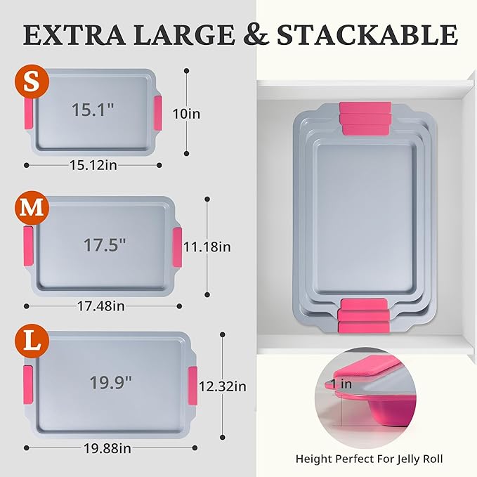 BRONYPRO Non Stick Ceramic Baking Sheet Pan Set of 3, Non Toxic Cookie Sheets (PFAS/PFOA/PTFE Free), Aluminized Steel Oven Trays with Silicone Handles, Rust-Resistant, Warp-Resistant to 500°F, Rose