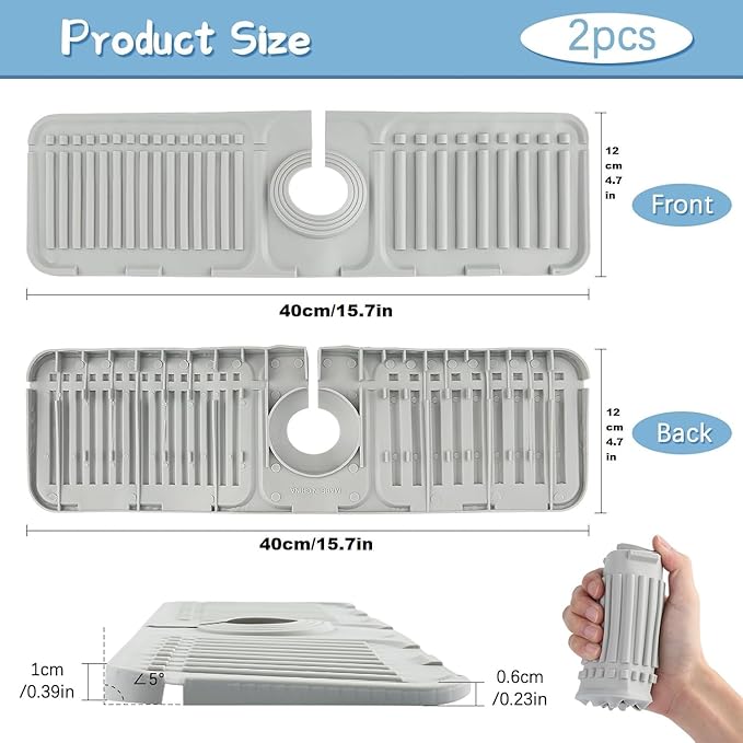2 Pcs 40x12 cm Silicone Faucet Mats for 3.5-6cm Faucets Handle Drip Catcher Tray Faucet Sink Splash Guard Drying Mat for Kitchen Bathroom Counter Drying Pad Faucet Draining Pad (Grey)