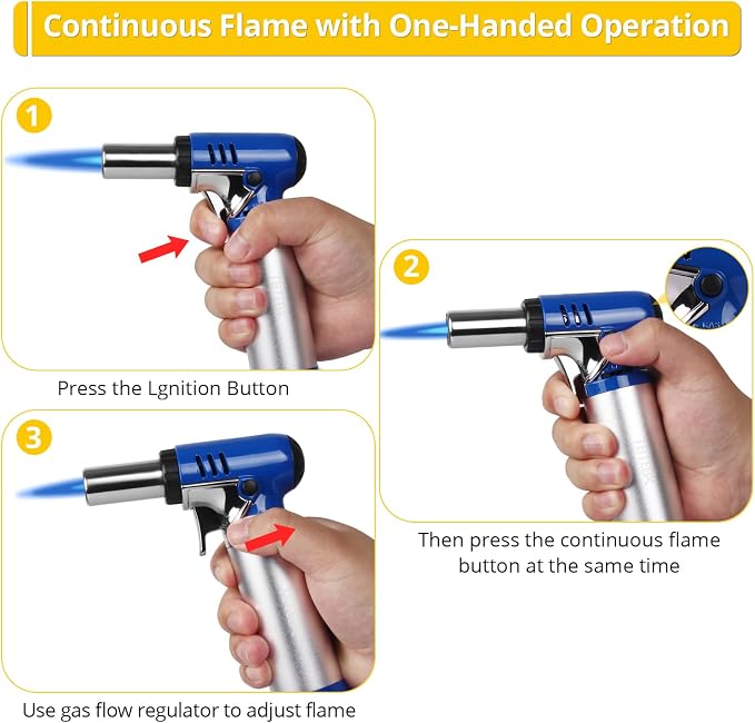 TBTeek Butane Torch with Fuel Gauge T907, One-hand Operation Kitchen Torch Lighter with Adjustable Flame for BBQ, Baking, Brulee Creme, Crafts and Soldering(Butane Gas Not Included), Blue