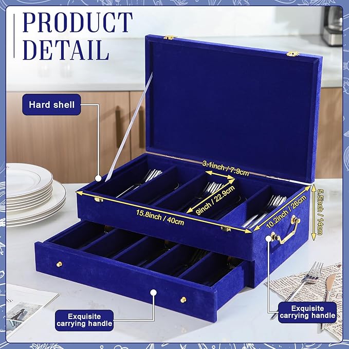 Pickmesh Silverware Case with Lid and Handle, Silverware Storage Box Sterling Silver Flatware Chest Without Silver Tarnish Proof Utensils Organizer for Kitchen Decor Wedding Gifts (Royal Blue,2 Layer)
