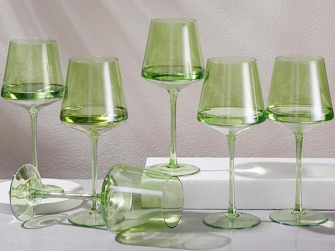 Physkoa Green Wine Glasses Set 6-16oz Modern Green Colored Wine Glasses with Tall Long Stem and Flat Bottom,VerdantGlassware for Birthday Wedding Bridal Shower