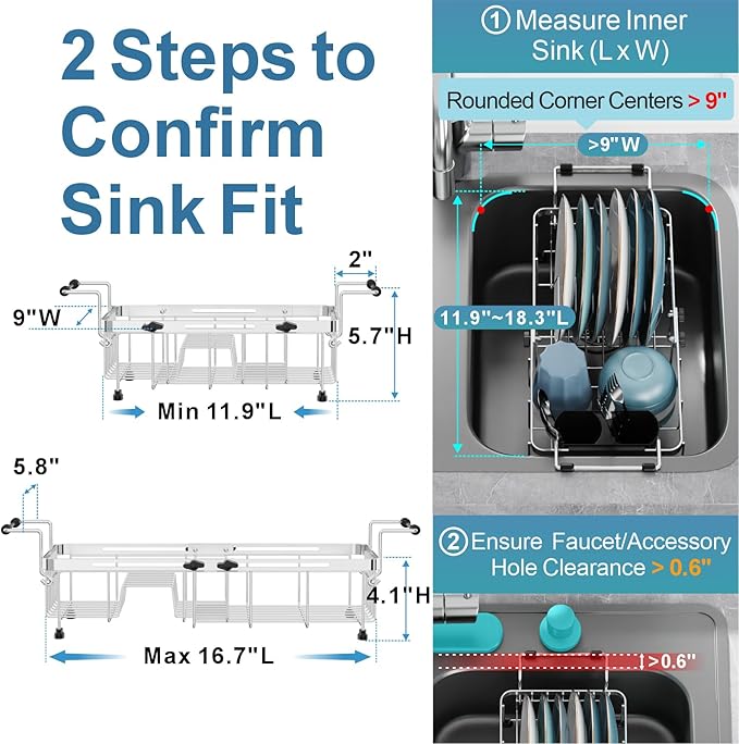 GSlife Small Over the Sink Dish Drying Rack - 9" W Expandable Stainless Steel Compact Dish Drainer for RV, Apartment, Camper, Kitchen, Dish Strainer with Lock Knob, Silver