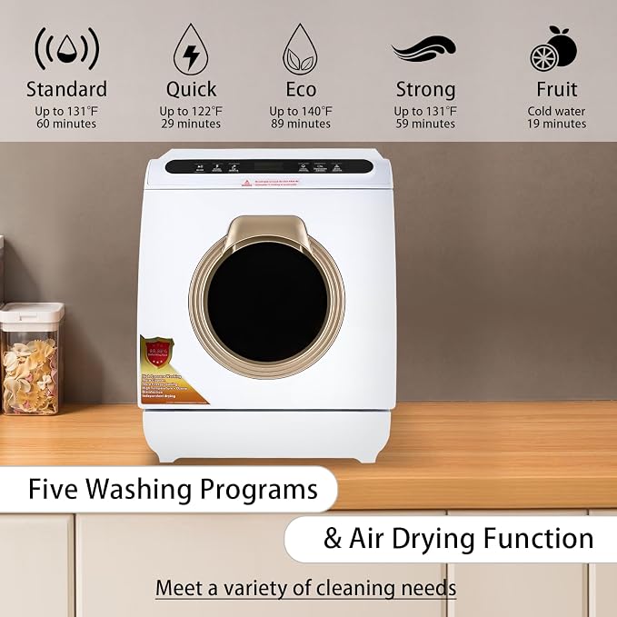 Countertop Dishwasher, Portable Dishwasher With Water Tank, 3 Washing Programs, 360-Degree Water Spraying, 75°C Hot Air Drying Technology, 110v, 1200w (White+Gold)