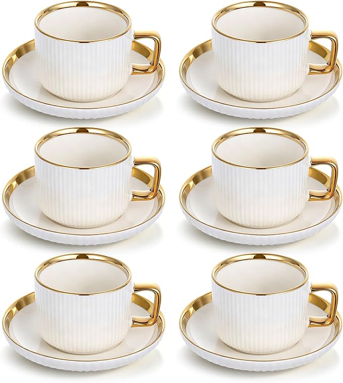 8.5oz Cappuccino Cups with Saucers Set of 6, Ceramic Coffee Cup and Saucer with Gold Rim, Vertical Ribbed Latte Mugs, White Porcelain Tea Cup Set for Wedding, Cafe, Party & Daily Use