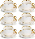 8.5oz Cappuccino Cups with Saucers Set of 6, Ceramic Coffee Cup and Saucer with Gold Rim, Vertical Ribbed Latte Mugs, White Porcelain Tea Cup Set for Wedding, Cafe, Party & Daily Use