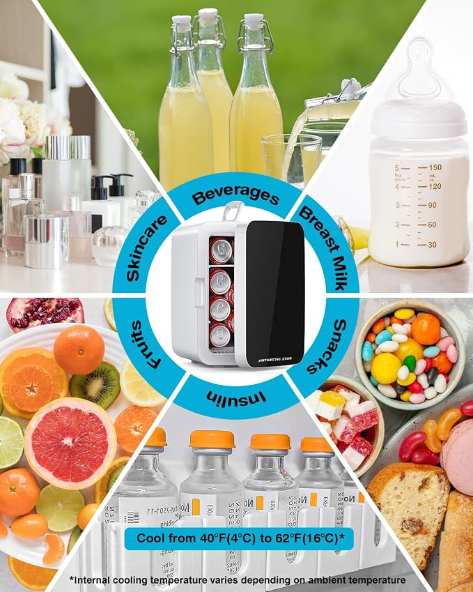 Antarctic Star Compact Mini Fridge, 10L Portable Small Refrigerator, 2.6 Gal Desktop Fridge with AC/DC Adapters, Small Cosmetics Cooler for Beverage, Food, Makeup, Bedroom, Office, Dorm, White