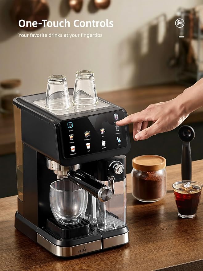 UDI 20 Bar Espresso Machine, 9-in-1 Coffee Maker with Automatic Milk Frother & Detachable Milk Tank, One-Touch Cappuccino Latte Macchiato Americano Iced Espresso, Self-Cleaning Function for Home Use