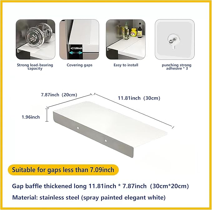 Metal Kitchen Refrigerator Gap Partition Countertop Gap Extension Board,Gap Covers Between Countertop and Walls, Refrigerator Side Partition, No Drill(White,11.81 * 7.87inch)