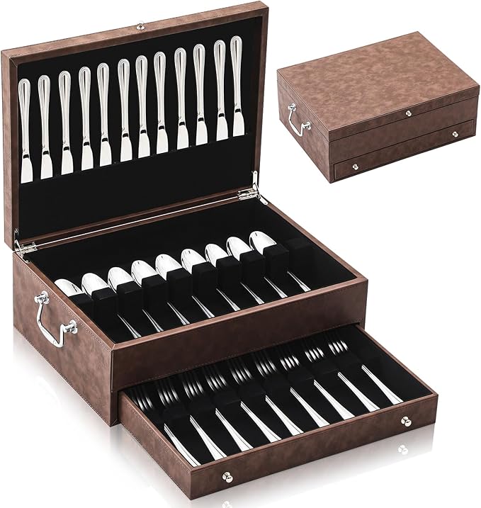DoubleFill 2 Layer Leather Silverware Storage Box with Lid and Handles, Anti Tarnish Silverware Storage Chest Case with Felt-lined for 12-16 or More Sets of Utensils Flatware Gifts, 15.3x11.2x5.7 Inch