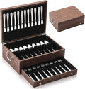 DoubleFill 2 Layer Leather Silverware Storage Box with Lid and Handles, Anti Tarnish Silverware Storage Chest Case with Felt-lined for 12-16 or More Sets of Utensils Flatware Gifts, 15.3x11.2x5.7 Inch