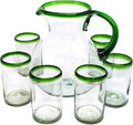 Emerald Green Rim 120 oz Pitcher and 6 Drinking Glasses set, Recycled Glass, Lead-free, Toxin-Free (Pitcher & Glasses)