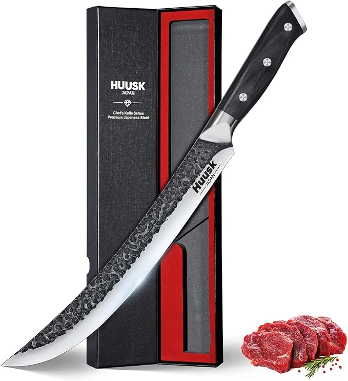 Huusk Butcher Knife for Meat Cutting, 10 Inch Curved Carving Knives with Wood Handle, Japanese Brisket Slicing Knives for BBQ, Turkey, Ideal Grilling Gift for Men and Women