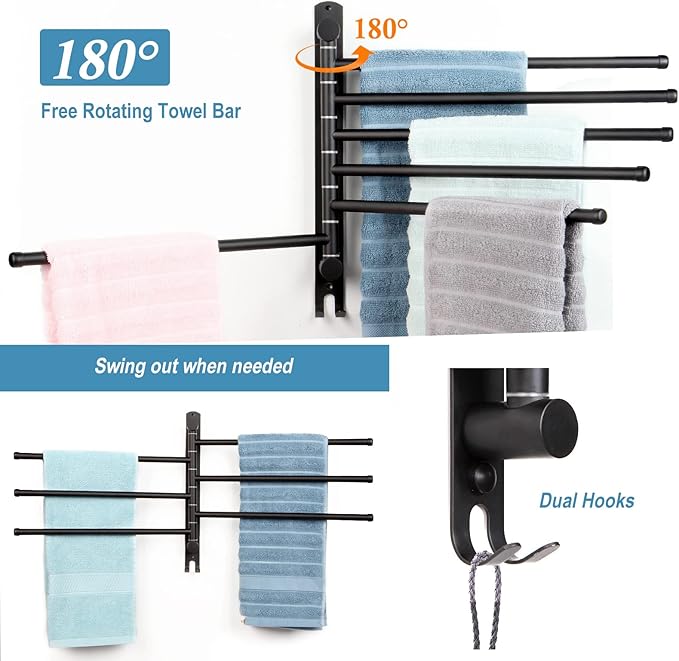 6-Arm Swivel Towel Rack - 180° Rotating Wall Mounted - 304 Stainless Steel Rustproof - Heavy Duty Space Saving for Bathroom Kitchen Laundry Room (Matte Black)